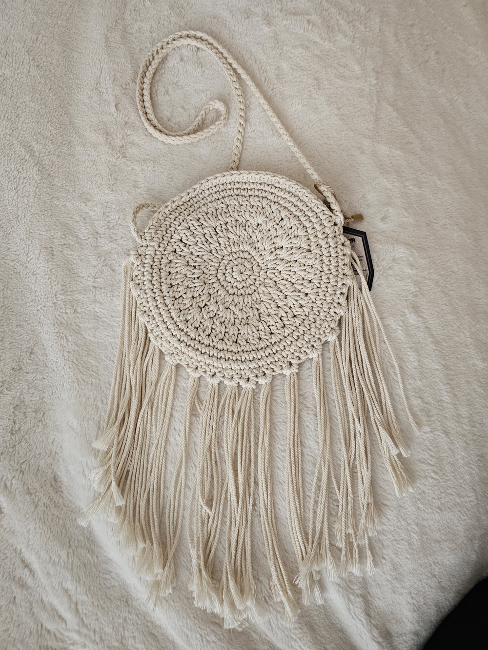 New Boho Crochet Fringe Crossbody Bag in Cream